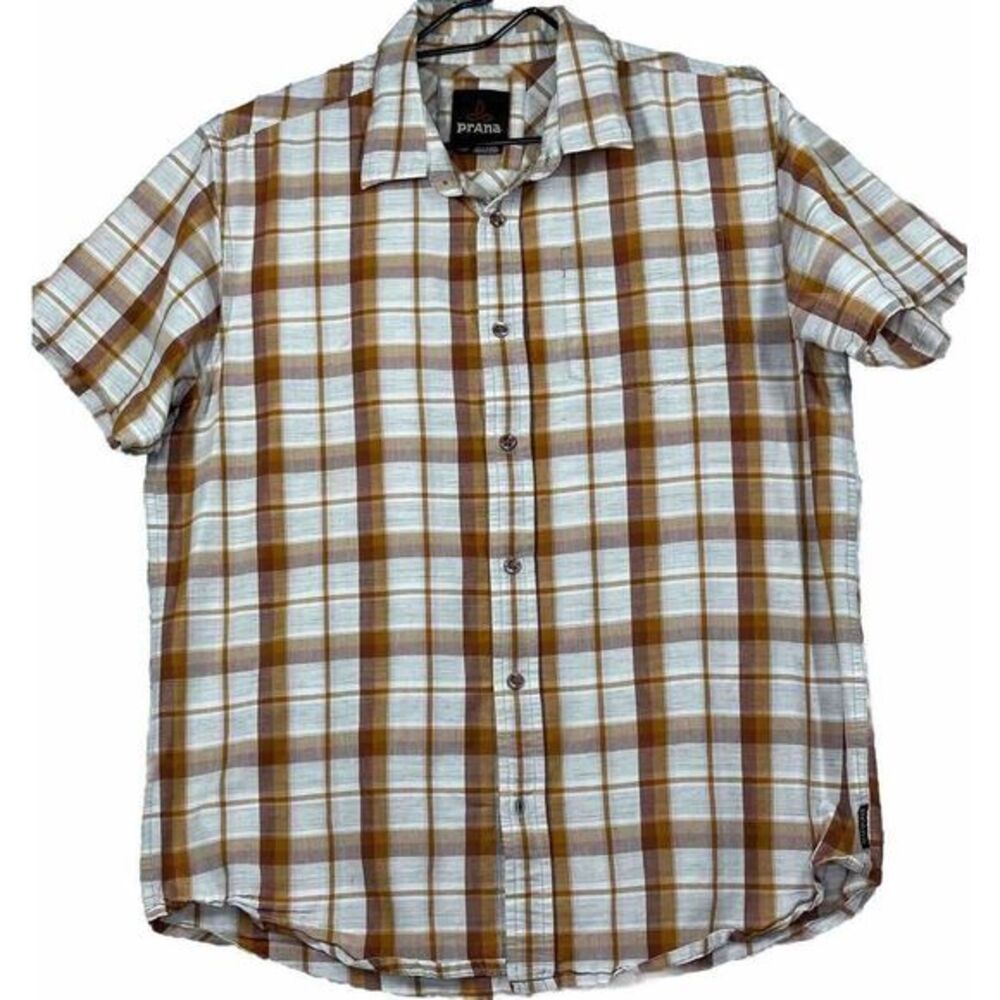 PrAna Men's Holten Plaid Short Sleeve Shirt Orange White Brown Size Medium‎